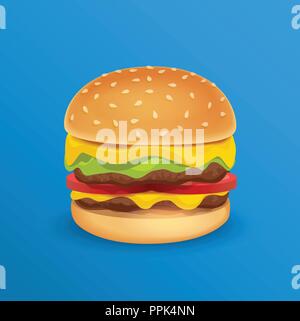 Vector Illustration of Tasty Classic Burger isolated on Blue neutral Background Stock Vector