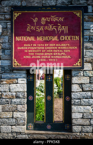Signboard at the National Memorial Chorten in Thimpu, the capital city of the Himalayan Kingdom of Bhutan Stock Photo