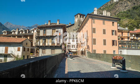 The town of Verres in the Aosta Valley NW Italy. The tower of the Collegiate Church of Sant'Egido/Saint Gilles can be seen. Stock Photo