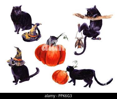 Set of Halloween holiday symbol illustration. Hand drawn watercolor for kids cat hat but broom candle pumpkin Stock Photo