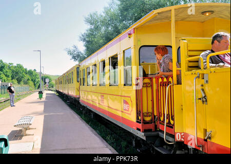 The little yellow train of the Pyrenees waiting for the departure in Font Romeu station Stock Photo