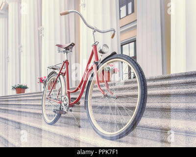 Vintage bicycle on the ancient stair. Bike in the city toned image Stock Photo