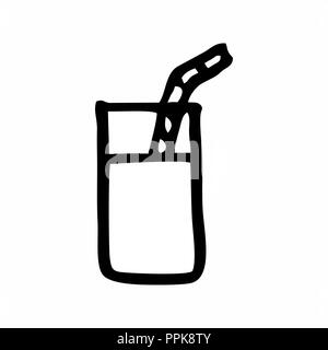 Freehand illustration of a cup with a straw. Black outlines on white background. Stock Vector