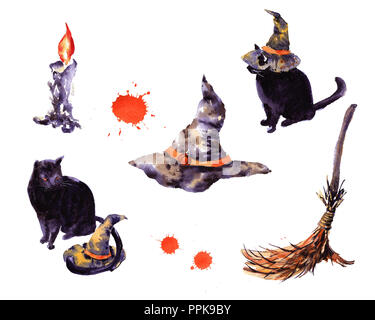 Set of Halloween holiday symbol illustration. Hand drawn watercolor for kids cat hat but broom candle pumpkin Stock Photo