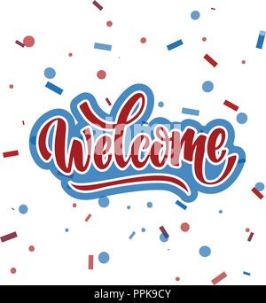 welcome lettering text. Modern calligraphy style illustration red and blue Stock Vector