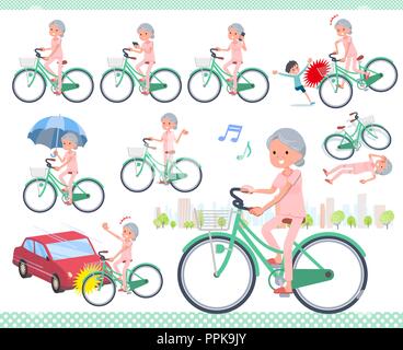 A set of senior women riding a city cycle.There are actions on manners and troubles.It's vector art so it's easy to edit. Stock Vector