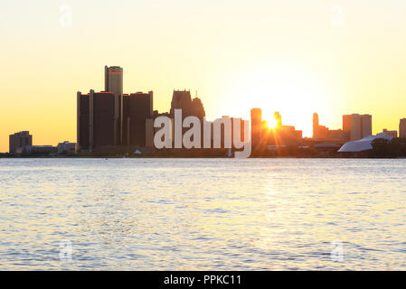 View of the Detroit skyline at sunset from Belle Isle, in Michigan, in the USA Stock Photo