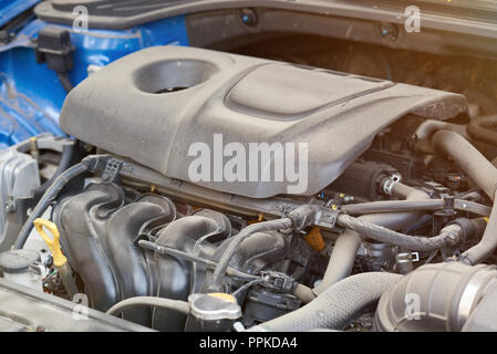 Modern dirty car engine close up view Stock Photo