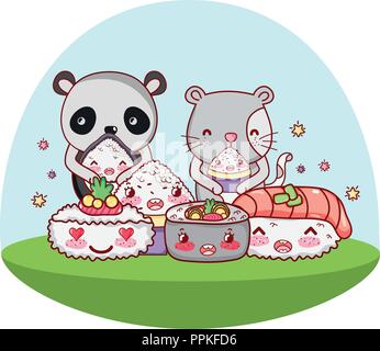 Cute animals with sushi kawaii Stock Vector