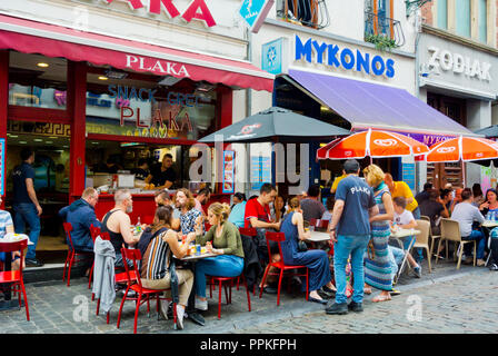 Restaurant terraces, Rue du Marche aux Fromages, old town, Brussels, Belgium Stock Photo