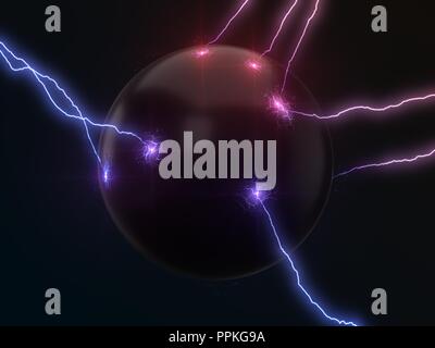 powerful lightning strikes on sphere and makes cracks on surface of sphere. dual color version, 3d illustration Stock Photo