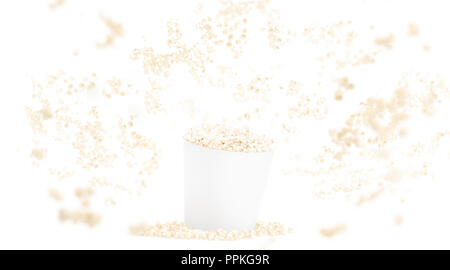 Blank white food bucket with popcorn mockup isolated on background, depth of field effect, 3d rendering. Empty paper fastfood box mock up. Clear pop corn pail, no gravity. Basket with falling corn. Stock Photo
