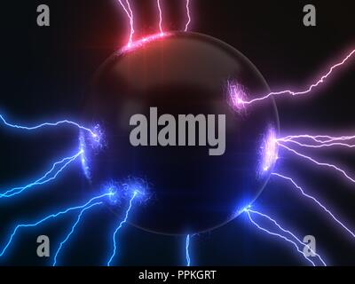 powerful lightning strikes on sphere and makes cracks on surface of sphere. dual color version, 3d illustration Stock Photo