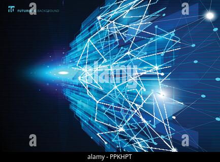 Abstract molecules blue virtual technology concept futuristic digital with linear and polygonal pattern shapes background with space for your text. Ve Stock Vector