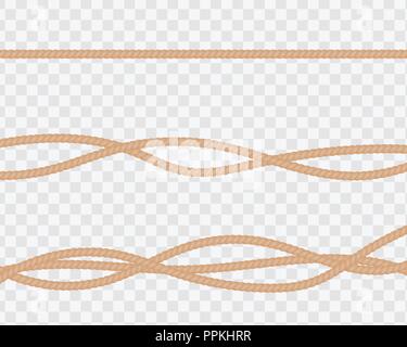 Set of realistic ropes or strings, straight and twisted. Natural twisted lines with loops isolated on a transparent background. Vector Stock Vector