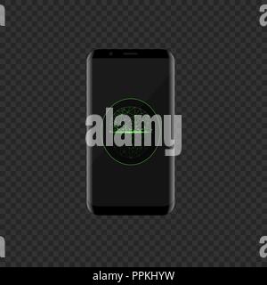 Smartphone with green face scan icon. Facial recognition system Stock Vector