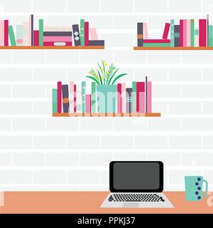 Vector illustration. Workplace. Computer and bookshelves on a brick wall Stock Vector