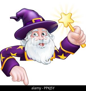 Wizard Cartoon Character Ponting Down over Sign Stock Vector
