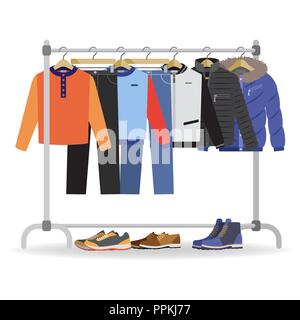 Clothes hanger with casual man clothes, footwear Stock Vector