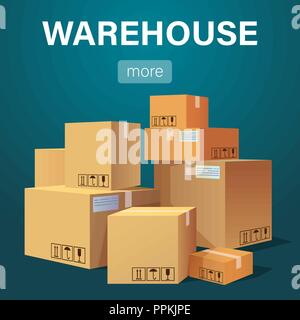 Warehouse banner with pile of stacked sealed goods cardboard boxes. Flat style vector illustration Stock Vector