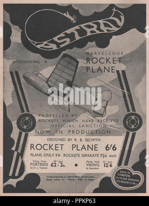 Vintage advert for the Astral Aero Model Company (defunct company) in the Aeromodeller magazine dated November 1946 showing a rocket powered model airplane from the same period Stock Photo