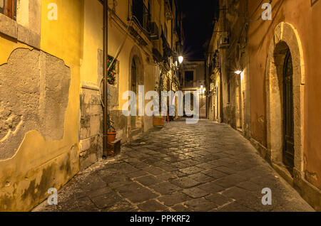 Streets of Ortygia at night, Siracusa, Sicily, Italy. Stock Photo