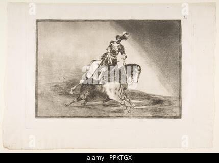 Plate 10 from 'La Tauromaquia': Charles V spearing a bull in the ring at Valladolid. Artist: Goya (Francisco de Goya y Lucientes) (Spanish, Fuendetodos 1746-1828 Bordeaux). Dimensions: Plate: 9 3/4 × 13 3/4 in. (24.8 × 35 cm)  Sheet: 12 in. × 17 1/4 in. (30.5 × 43.8 cm). Date: 1816. Museum: Metropolitan Museum of Art, New York, USA. Author: Goya (Francisco de Goya y Lucientes). GOYA, FRANCISCO DE. FRANCISCO DE GOYA. FRANCISCO JOSE DE GOYA. Stock Photo