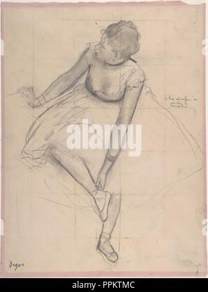 Dancer Adjusting Her Slipper. Artist: Edgar Degas (French, Paris 1834-1917 Paris). Dimensions: Sheet: 13 x 9 5/8 in. (33 x 24.4cm). Date: 1873.  Between 1873 and 1874, Degas made several studies of dancers adjusting their shoes, shown in different poses and from different angles. These drawings served as preparatory studies for his ballet scenes of the same period. Squared for transfer, the figure in this study was used in the 1874 pastel Dancers Resting (private collection); her tenuously held pose characterizes Degas's approach to his models. The same dancer, shown in three-quarter view, als