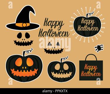 Set Dark Jack lantern pumpkin Happy Halloween jackolantern. Vector illustration isolated on gold background. Stock Vector