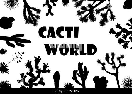 Exotic wildflower cactus frame. Saguaro, prickly pear, agave and joshua tree banner. Vector illustration, black and white silhouettes. Stylish banner  Stock Vector