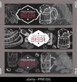 Three landscape beer banners with beer keg, mug, chips, nuts, hop branch and snack plate on black. Stock Vector