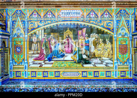 Traditional Spanish tile ornament at a public square Plaza de Espana in Seville, Spain. Stock Photo