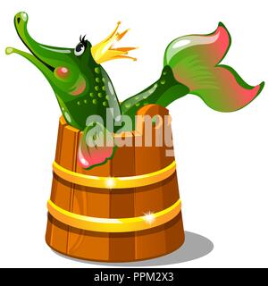 Green talking pike with a golden crown in a wooden bucket isolated on white background. The characters of Russian folk tales, upon pikes will. Vector cartoon close-up illustration. Stock Vector