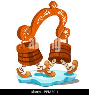Fabulous wooden yoke with buckets isolated on white background. The characters of Russian folk tales. Vector cartoon close-up illustration. Stock Vector