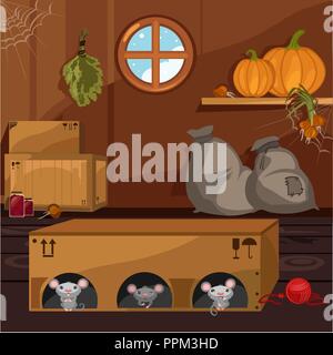 Inside the old farmhouse. The home furnishings. Mouse in a box arranged holes. Vector cartoon close-up illustration. Stock Vector