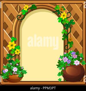 Beautiful cute greeting card with frame and space for your text, picture or photo, in the form of a woven wooden frame decorated with fresh flowers. Vector cartoon close-up illustration. Stock Vector