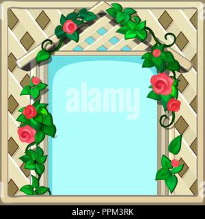 Beautiful cute greeting card with frame and space for your text, picture or photo, in the form of a woven wooden frame decorated with fresh flowers. Vector cartoon close-up illustration. Stock Vector