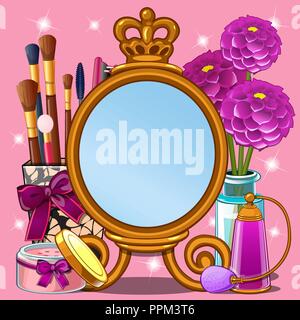 Beautiful cute greeting card with frame and space for your text, picture or photo in the style of a little fashionista and makeup Princess. Vector cartoon close-up illustration. Stock Vector