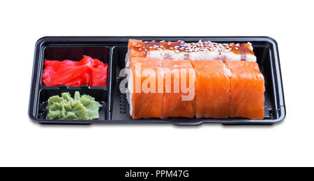 Set of mix rolls of Philadelphia and eel in a black container 'take it away' on a white background side view Stock Photo