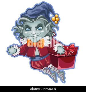 Flying demon with a festive box packed with gifts isolated on white background. Sketch for the poster, placard or banner in style of holiday all evil Halloween. Vector cartoon close-up illustration. Stock Vector