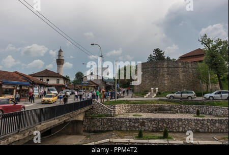 Novi Pazar, Serbia - May 5, 2018: City center with and fortress ruin and mosque. Novi Pazar, town of southern Serbia. Stock Photo