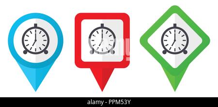 Alarm red, blue and green vector pointers icons. Set of colorful location markers isolated on white background easy to edit. Stock Vector