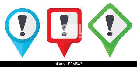 Exclamation sign red, blue and green vector pointers icons. Set of colorful location markers isolated on white background easy to edit. Stock Vector