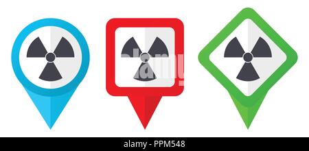 Radiation red, blue and green vector pointers icons. Set of colorful location markers isolated on white background easy to edit. Stock Vector