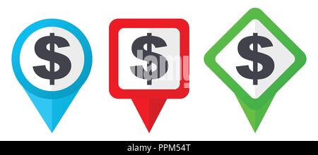 Dollar red, blue and green vector pointers icons. Set of colorful location markers isolated on white background easy to edit. Stock Vector