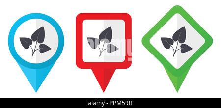 Leaf red, blue and green vector pointers icons. Set of colorful location markers isolated on white background easy to edit. Stock Vector