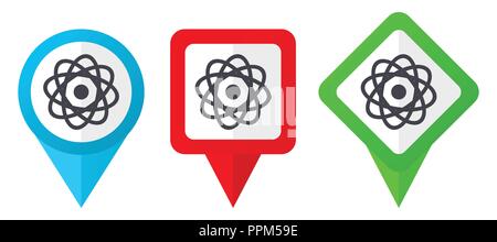 Atom red, blue and green vector pointers icons. Set of colorful location markers isolated on white background easy to edit. Stock Vector