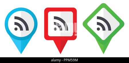 Rss red, blue and green vector pointers icons. Set of colorful location markers isolated on white background easy to edit. Stock Vector