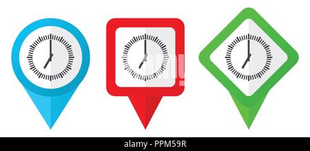 Time red, blue and green vector pointers icons. Set of colorful location markers isolated on white background easy to edit. Stock Vector