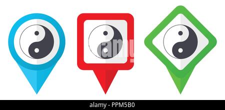 Ying yang red, blue and green vector pointers icons. Set of colorful location markers isolated on white background easy to edit. Stock Vector